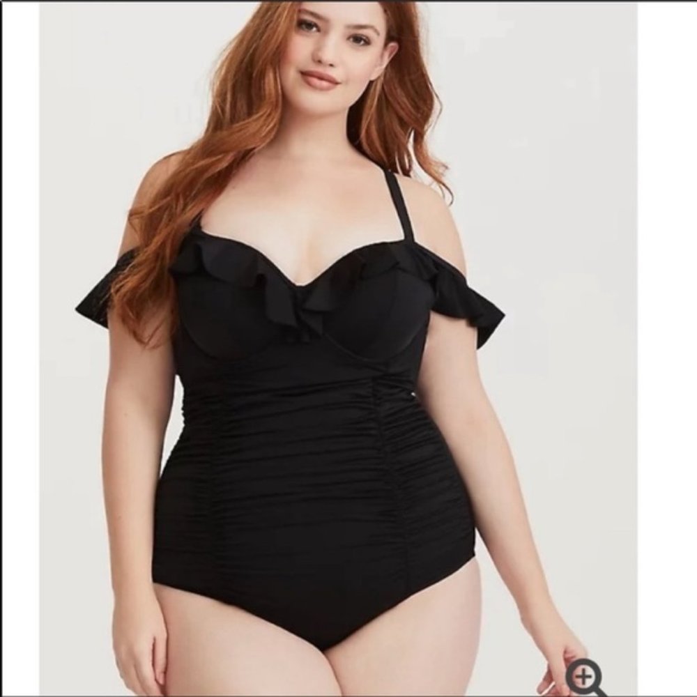 Torrid ruffle off shoulder ruched swimsuit